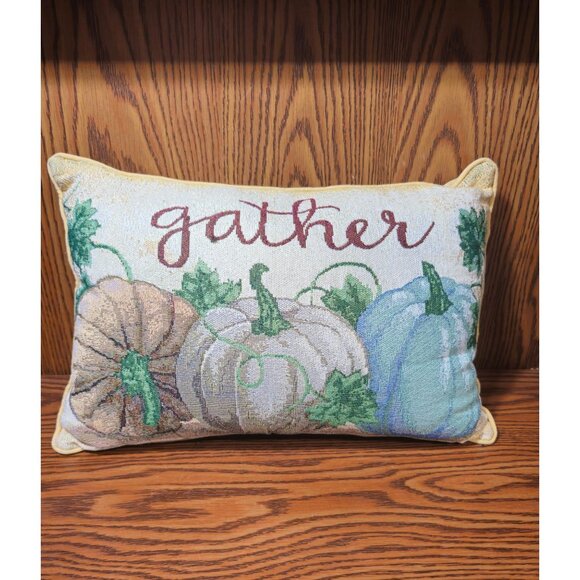 Gather-Themed Decorative Throw Pillow With Autumn Pumpkin Design & Embroidered T - Picture 1 of 5